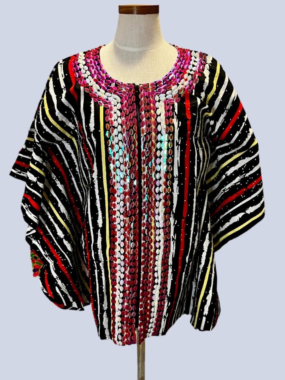 Embellished  Beaded Stripe Sequin Top - Black & Red